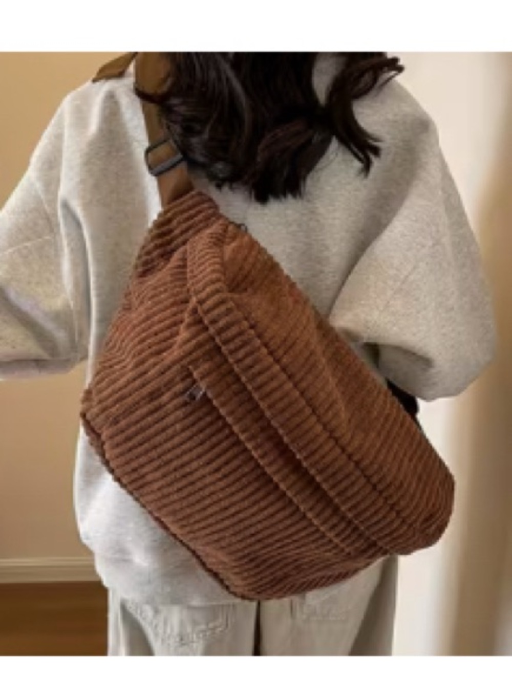 Brown Corduroy Crossbody Sling Bag -  Casual Everyday Tote